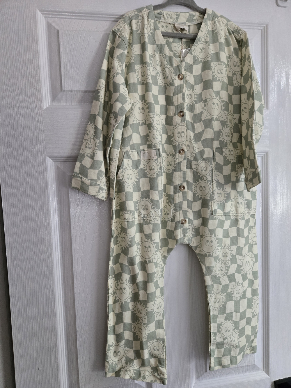 Claude & ConCheck Sunshine Overalls Print One-Piece Jumpsuit in Sage and Cream